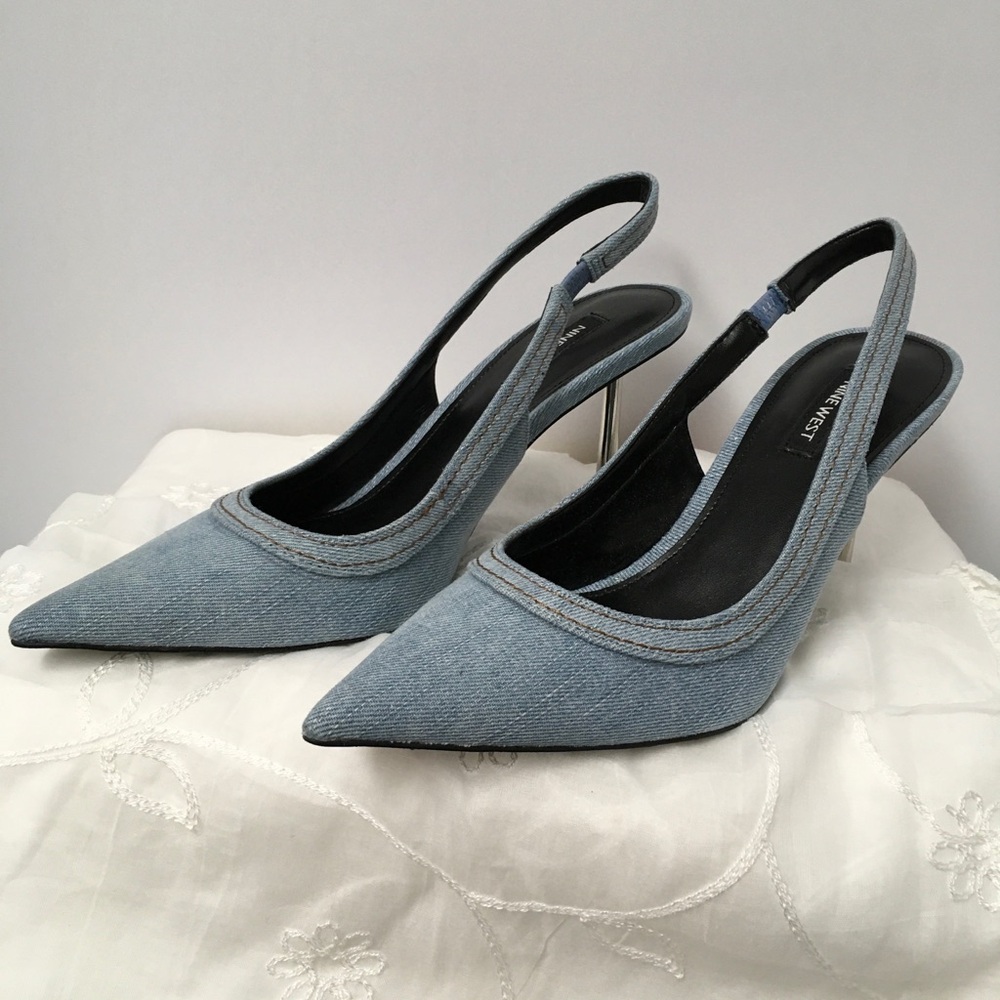 Nine West Pointed Toe Denim Slingback Heels Denim Blue
